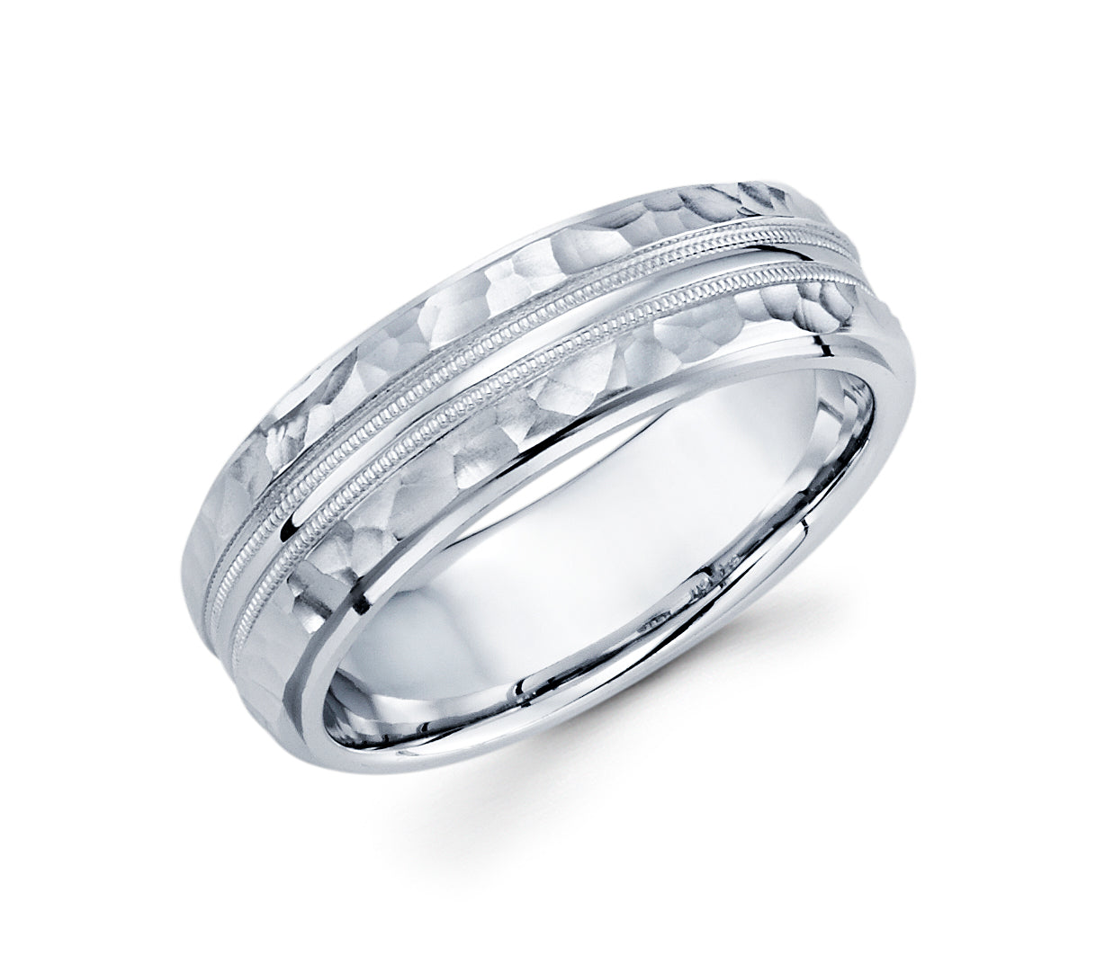 14K Whit Gold Men's Wedding Band Hammered and Milligrain Comfort Fit 7MM