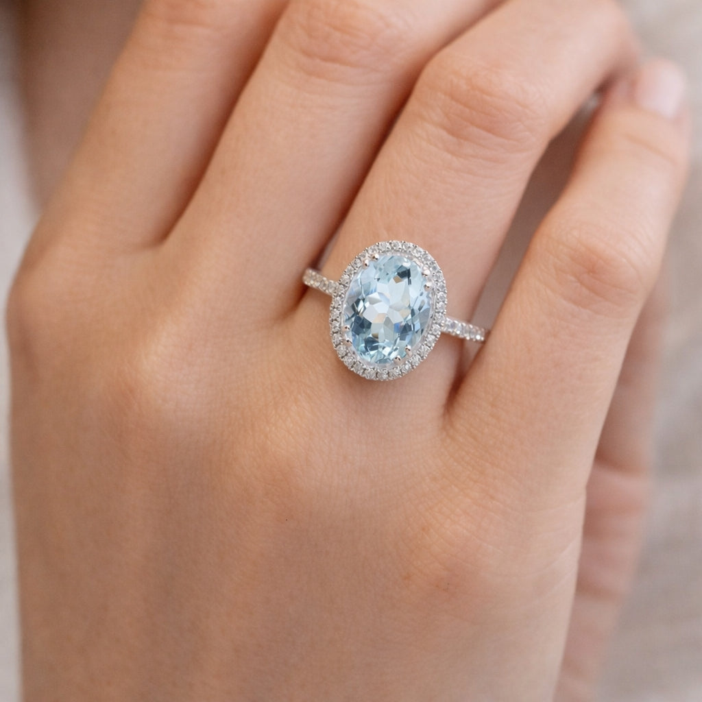 Oval Cut Aquamarine Halo Engagement Ring, ER1209