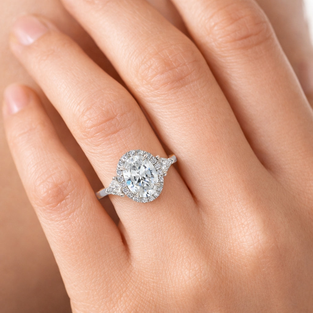 Three-Stone Oval Halo Engagement Ring, ER1241