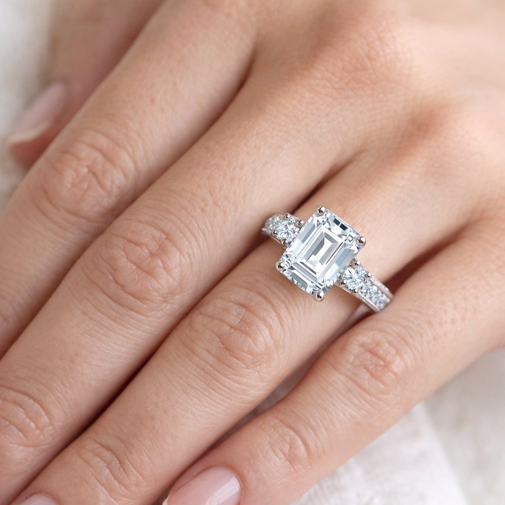 Three-Stone Emerald and Round Diamond Engagement Ring, ER1355