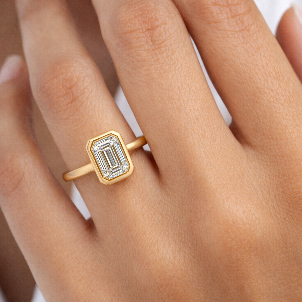 14K Yellow Gold Bezel Emerald Solitaire Engagement Ring, ER1511