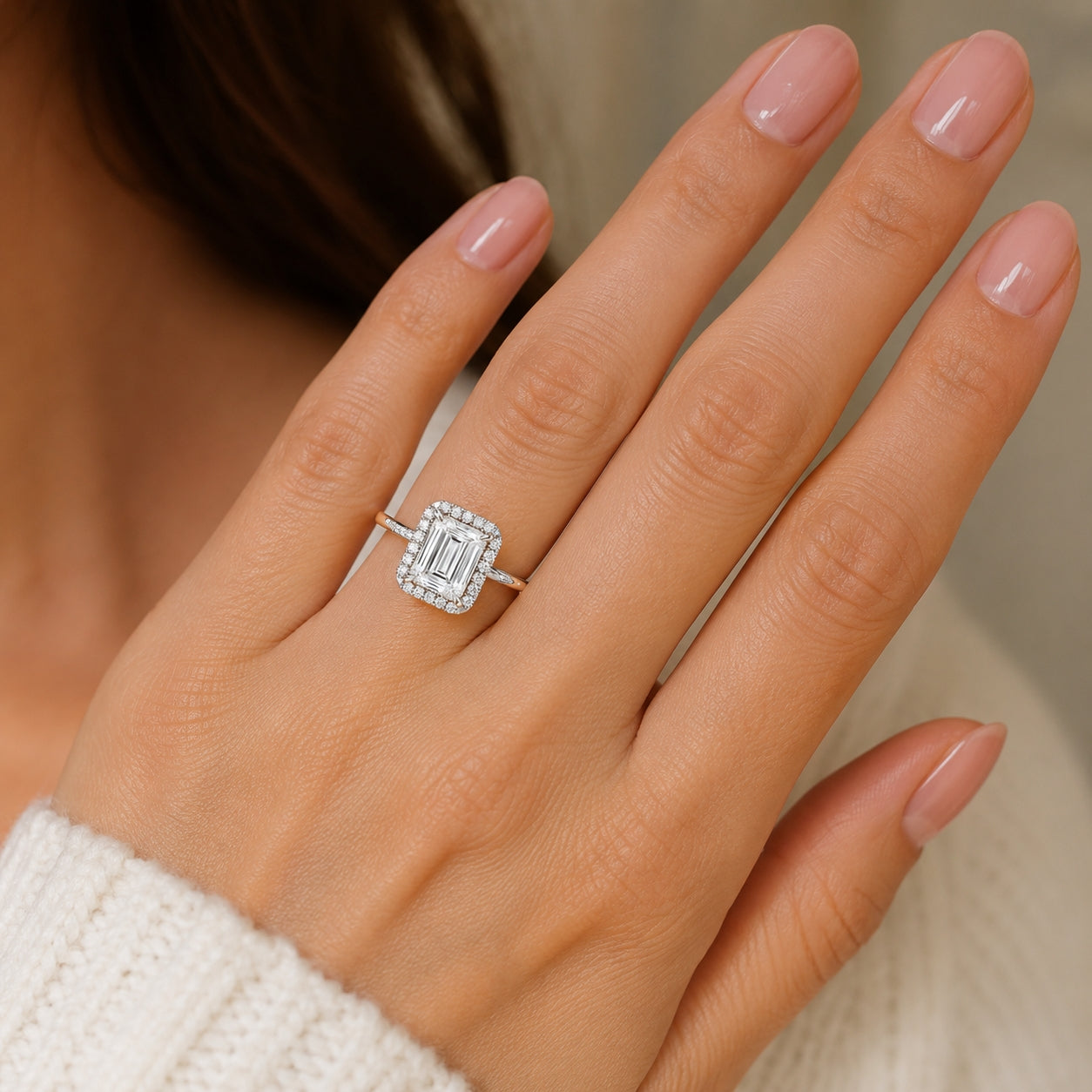 14K White Gold Emerald Cut Halo Engagement Ring, SO1175W