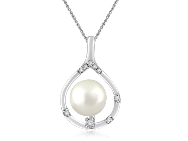 5mm Freshwater Culltured Pearl And Diamond Pendant In 14k White Gold - PEN137