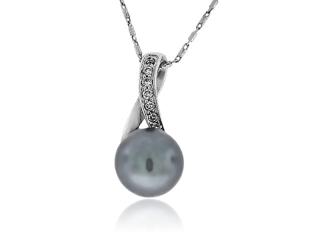 10mm Tahitian Cultured Pearl And Diamond Pendant In 14k White Gold - PEN1371