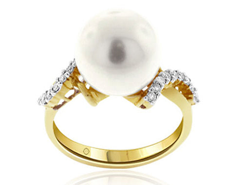 10mm Freshwater Cultured Pearl And Diamond Ring In 14k Yellow Gold - R10294