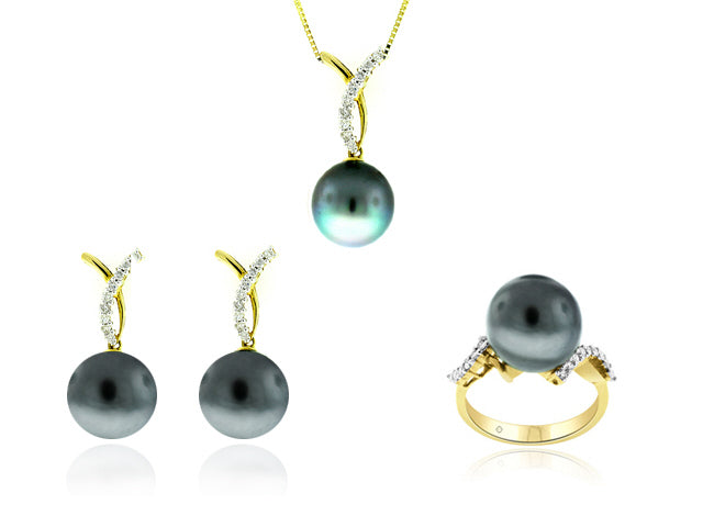 12mm Tahitian Cultured Pearl And Diamond Set In 14k Yellow Gold - SET0021