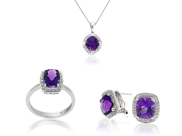 8.31 Carat 14k White Gold Amethyst And Diamond Earrings, Pendant And Ring Set - SET0025