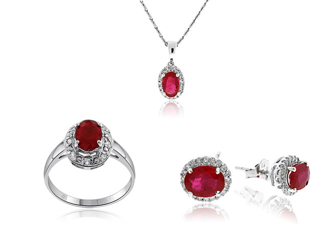 3.85 Carat 14k White Gold Ruby And Diamond Earrings, Pendant And Ring Set - SET0026