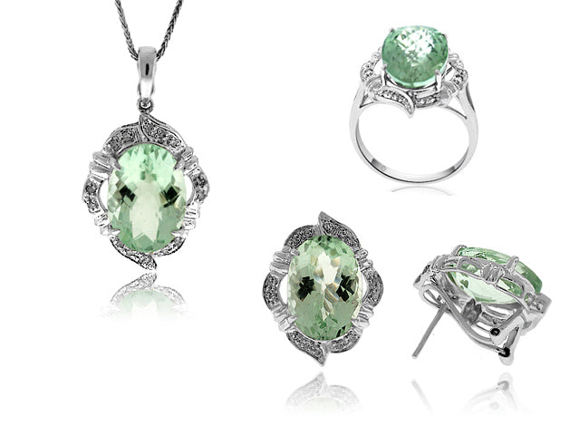 18.0 Carat 14k White Gold Amethyst And Diamond Earrings And Pendant Set - SET0027