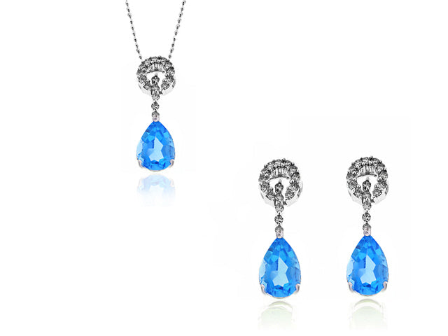 5.25 Carat 14k White Gold Blue Topaz And Diamond Earrings And Pendant Set - SET0032