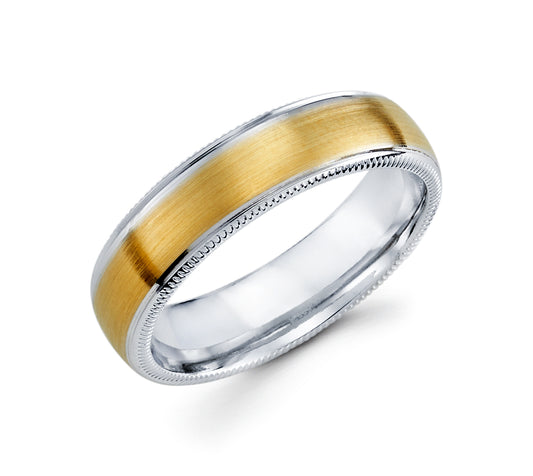 14K 2 Tone Gold Men's Wedding Band Matte Finish Milligrain Edges Comfort Fit 6MM