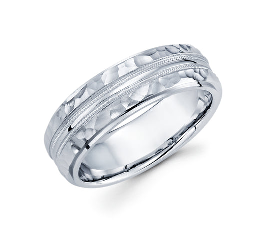 14K Whit Gold Men's Wedding Band Hammered and Milligrain Comfort Fit 7MM