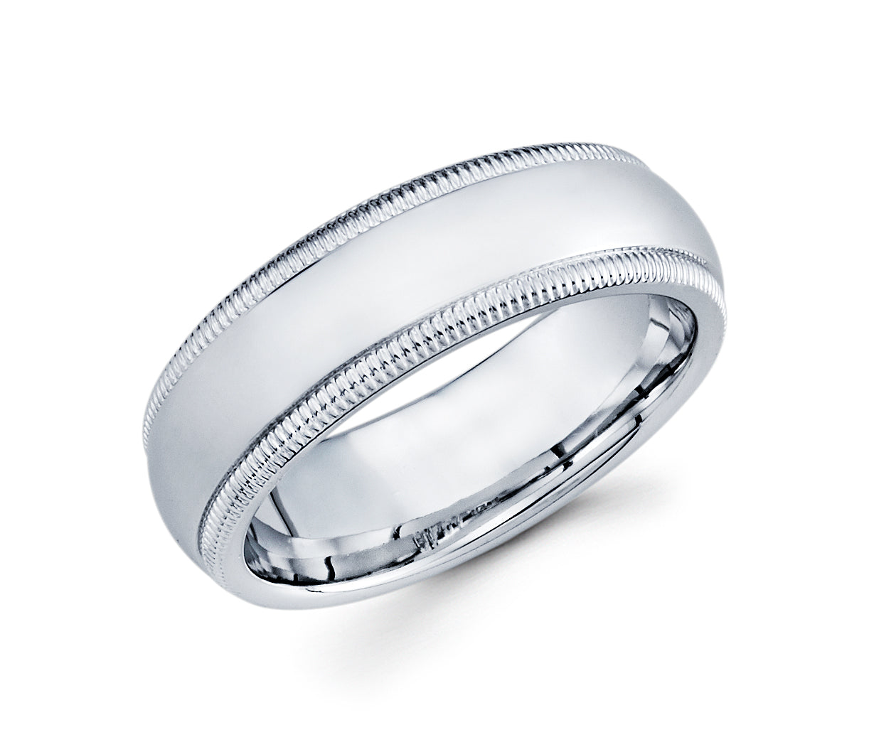 14K White Gold Men's Wedding Band Comfort Fit, Milligrain Edges 6MM