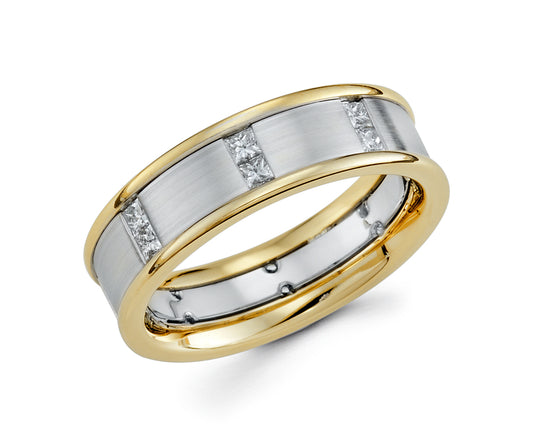 14K 2 Tone Men's Wedding Band Comfort Fit with Diamonds, 7MM