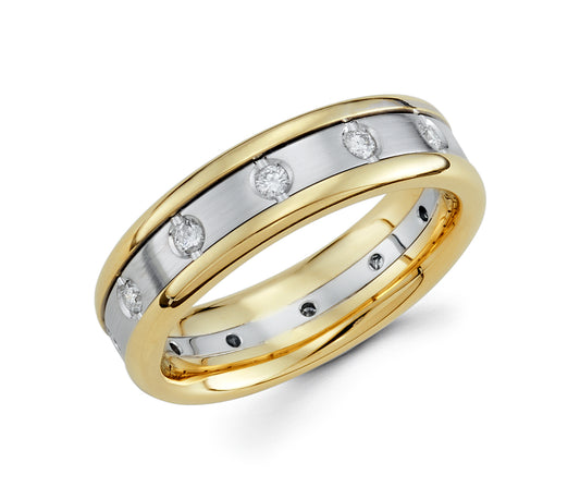 14K 2 Tone Men's Wedding Band Comfort Fit with Diamonds, 5MM