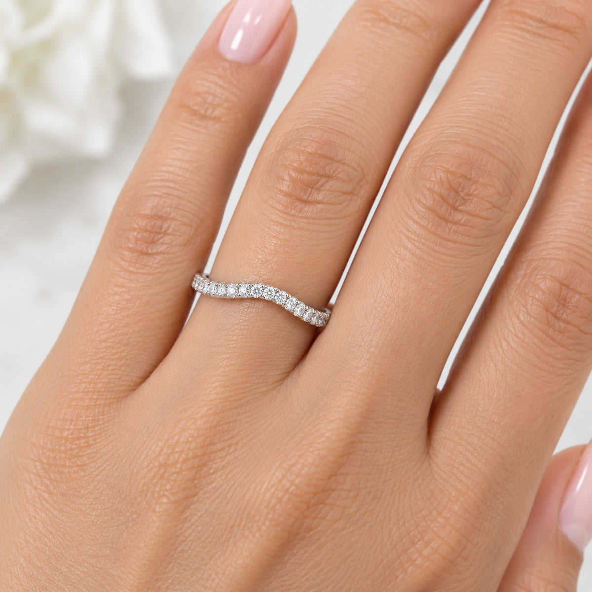 14K White Gold Curved Band-2mm, 0.26CT Diamonds, BAND01059