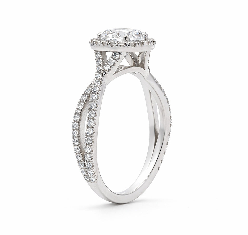 Round Cut Halo Twisted Band Engagement Ring, R617