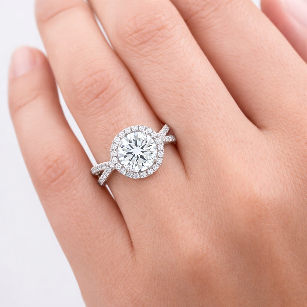 Round Cut Halo Twisted Band Engagement Ring, R617