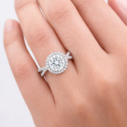 Round Cut Halo Twisted Band Engagement Ring, R617