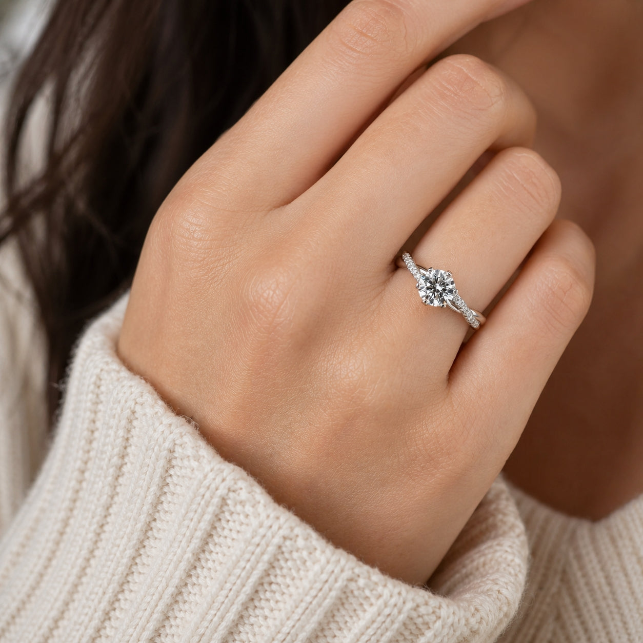 14K White Gold Twisted Band Engagement Ring, ER1184