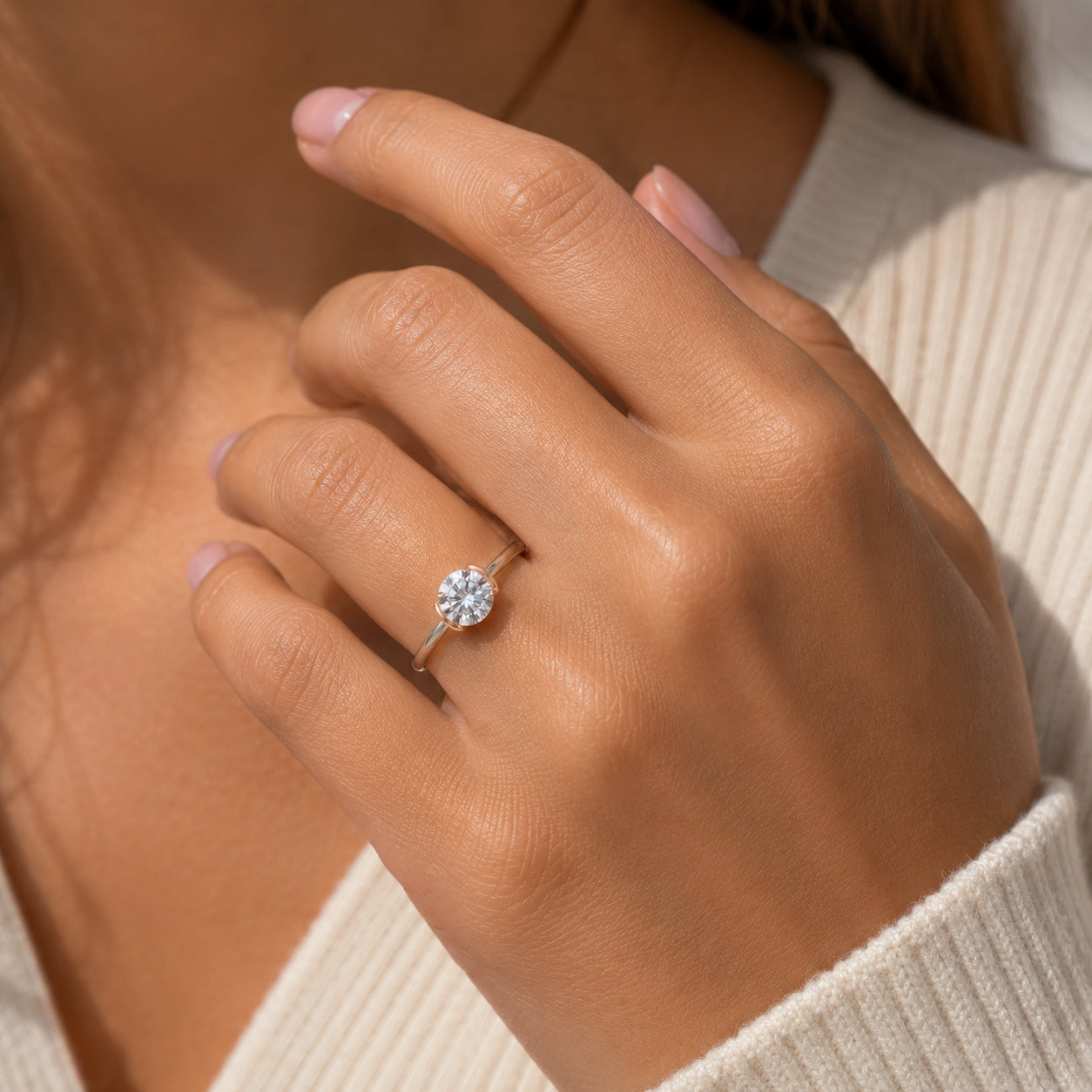 Modern Half-Bezel 2-Tone Solitaire Ring with Round Diamond, ER1245