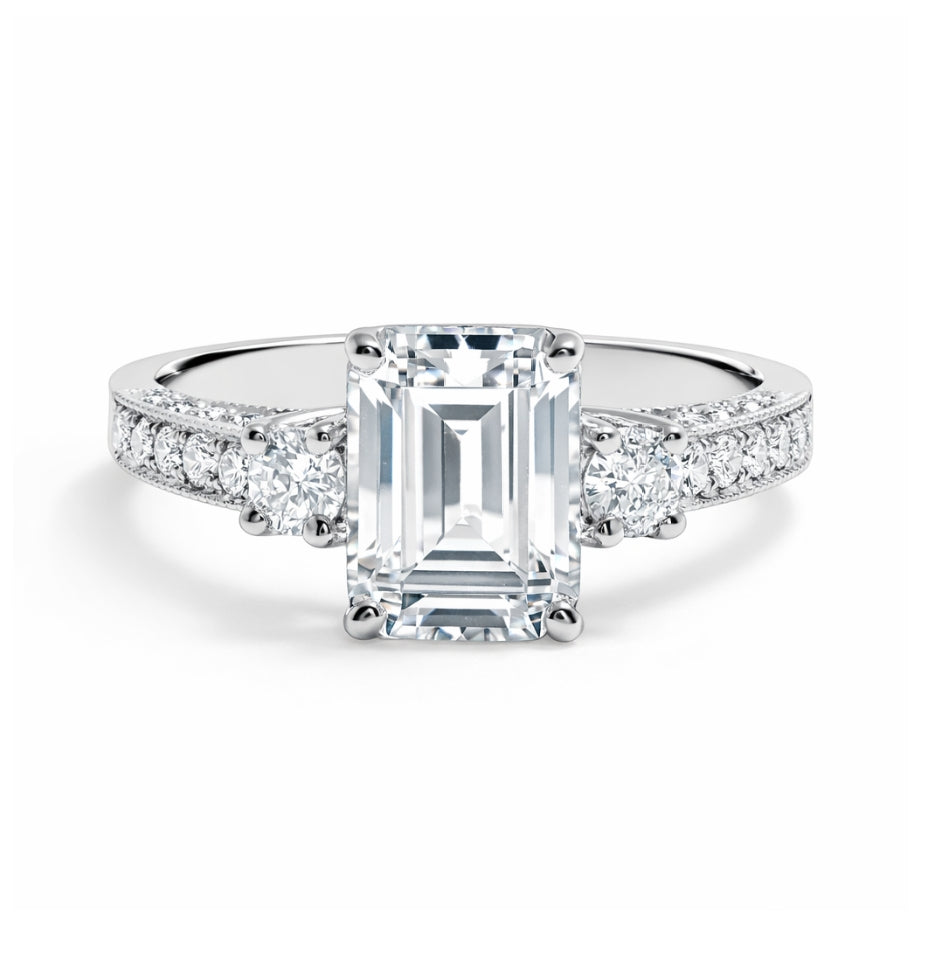 Three-Stone Emerald and Round Diamond Engagement Ring, ER1355