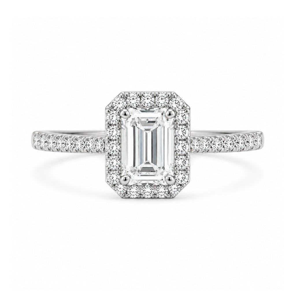 18K White Gold Emerald Cut Halo Engagement Ring, ER1374