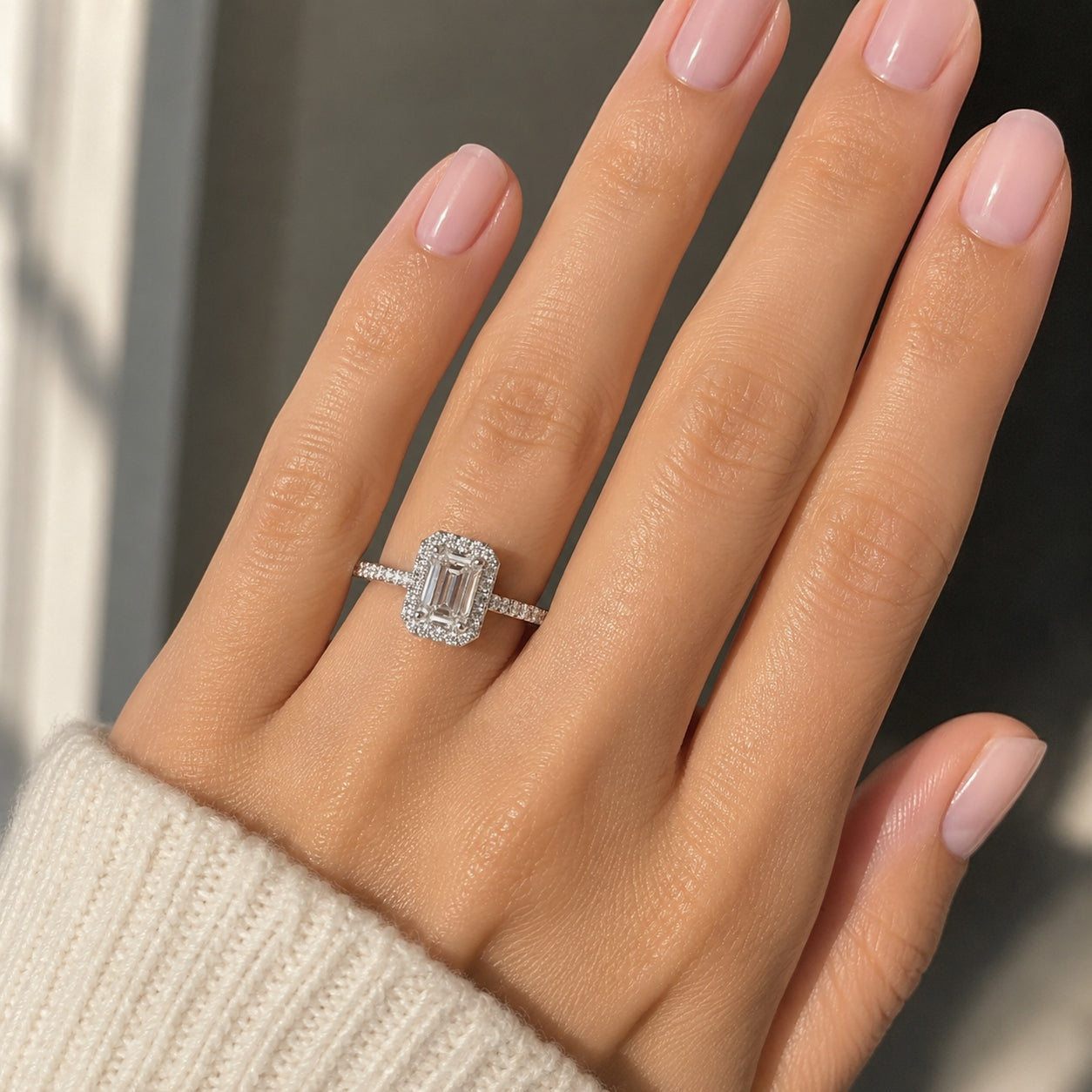 18K White Gold Emerald Cut Halo Engagement Ring, ER1374