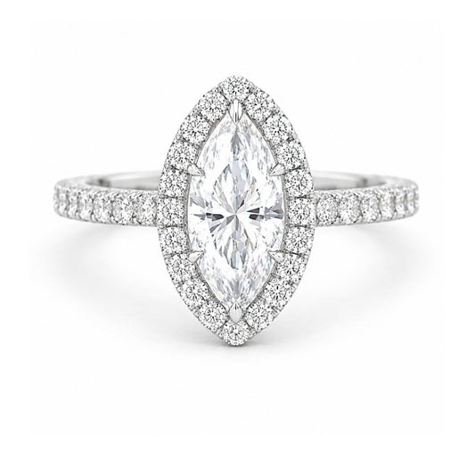 14K White Gold Halo Engagement Ring Marquise Cut Diamond ER1408M