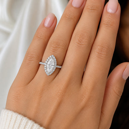 14K White Gold Halo Engagement Ring Marquise Cut Diamond ER1408M