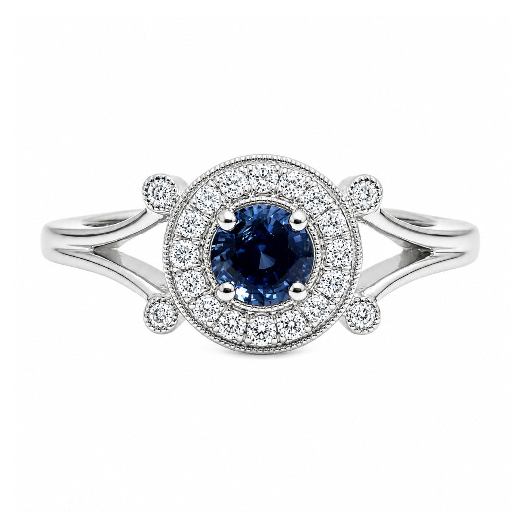 14K White Vintage Halo Sapphire and Diamond Ring, ER1412