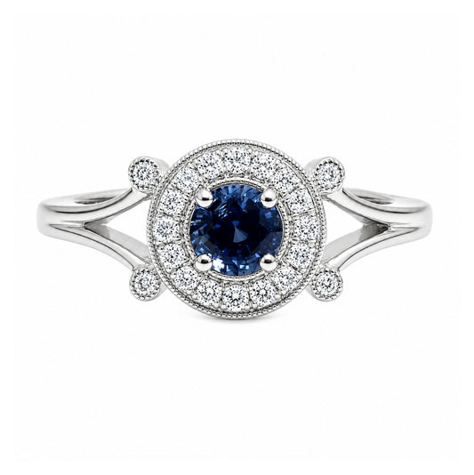 14K White Vintage Halo Sapphire and Diamond Ring, ER1412
