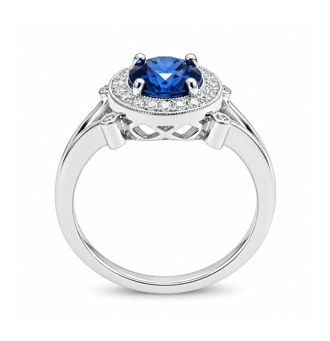 14K White Vintage Halo Sapphire and Diamond Ring, ER1412