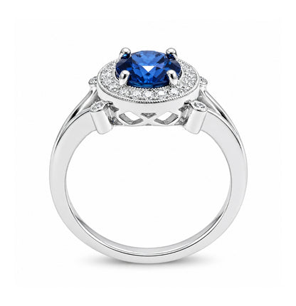 14K White Vintage Halo Sapphire and Diamond Ring, ER1412