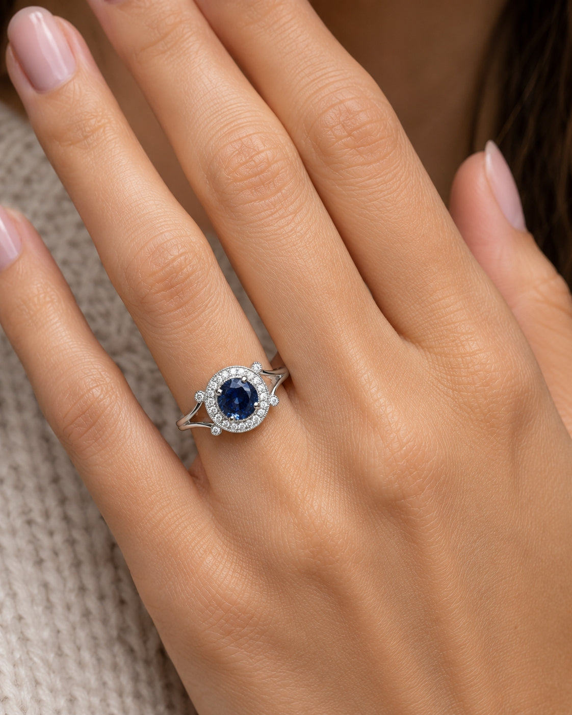 14K White Vintage Halo Sapphire and Diamond Ring, ER1412