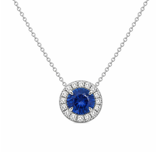 14k White Gold Halo Diamond and Sapphire 1.30Ct Necklace PEN16166
