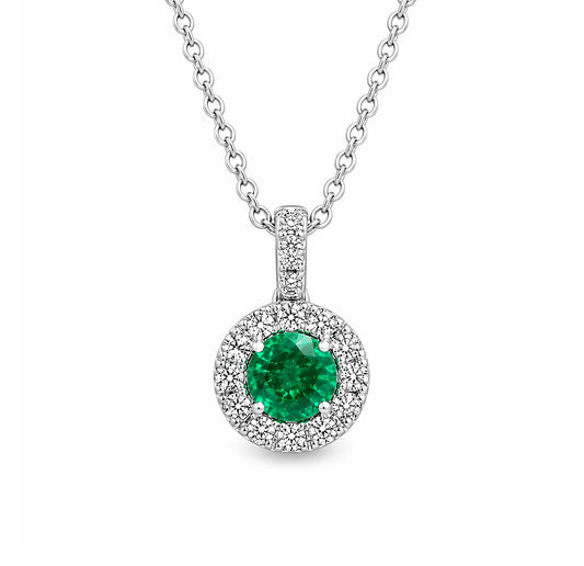 18k White Gold Emerald Diamond Halo Pendent - PEN16177