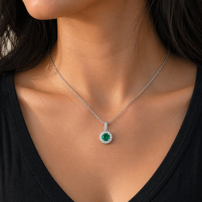 18k White Gold Emerald Diamond Halo Pendent - PEN16177