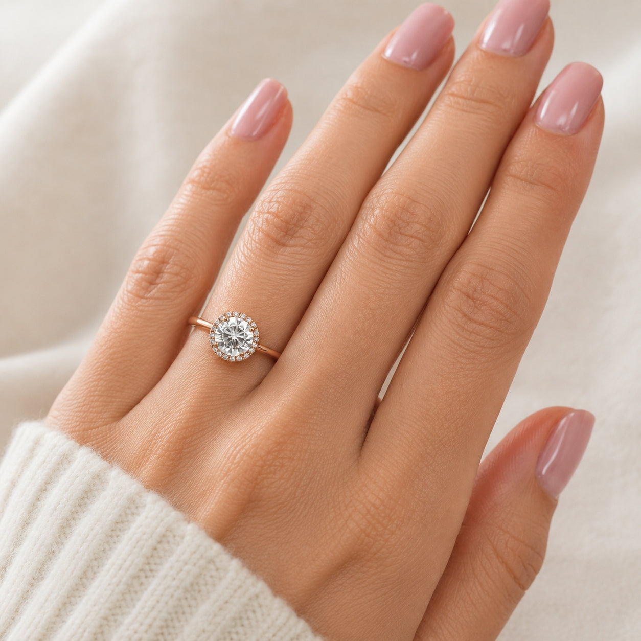 14K Rose Gold Round Cut Moissanite Halo Ring, R826