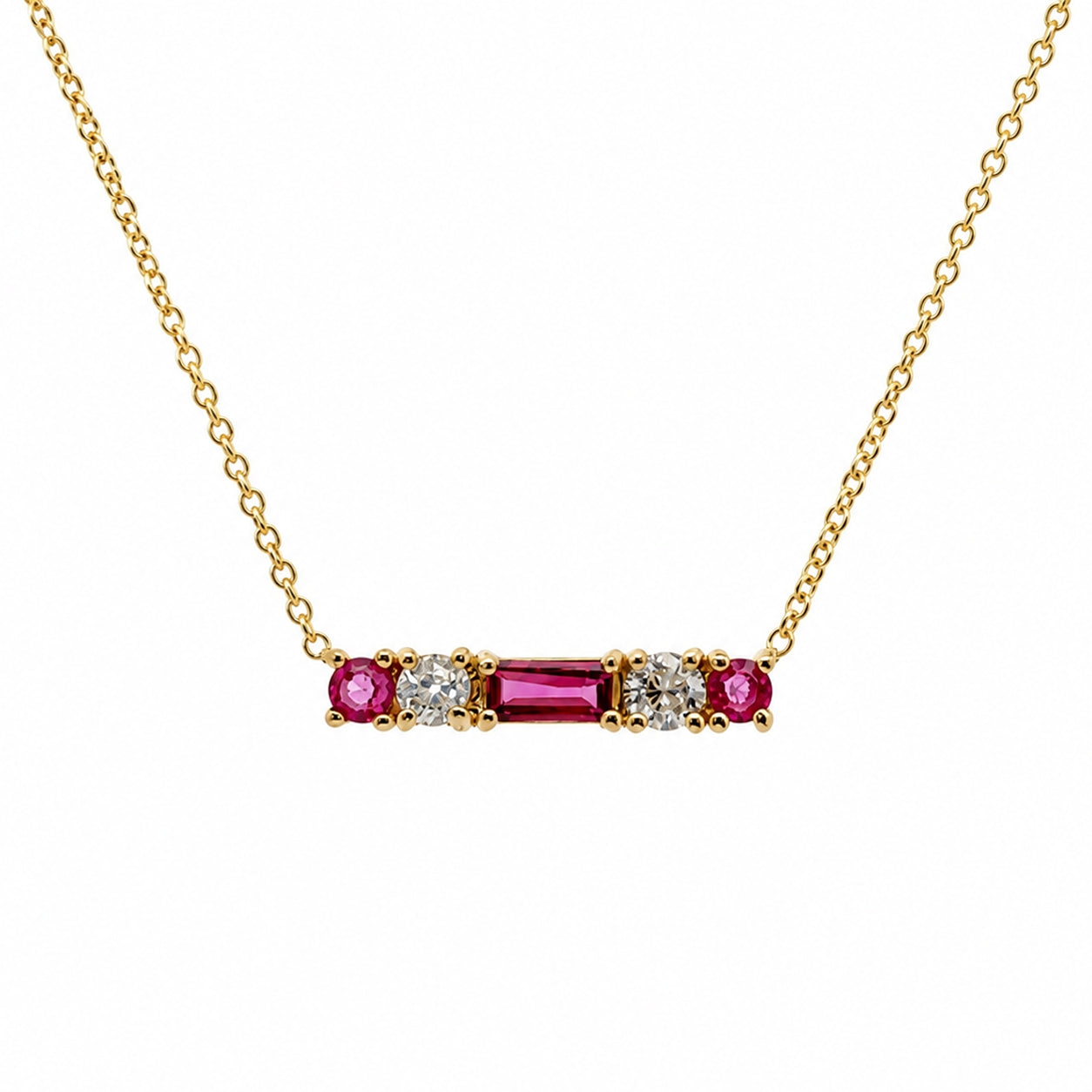 14K Yellow Gold Bar Necklace with Pink Sapphires, Diamonds SO1480