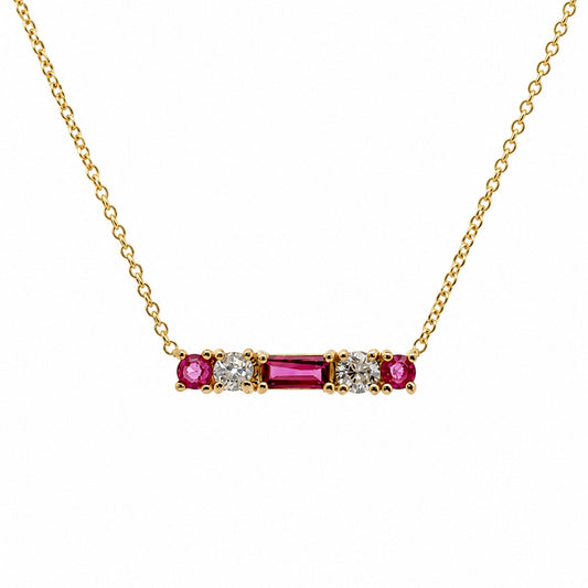 14K Yellow Gold Bar Necklace with Pink Sapphires, Diamonds SO1480