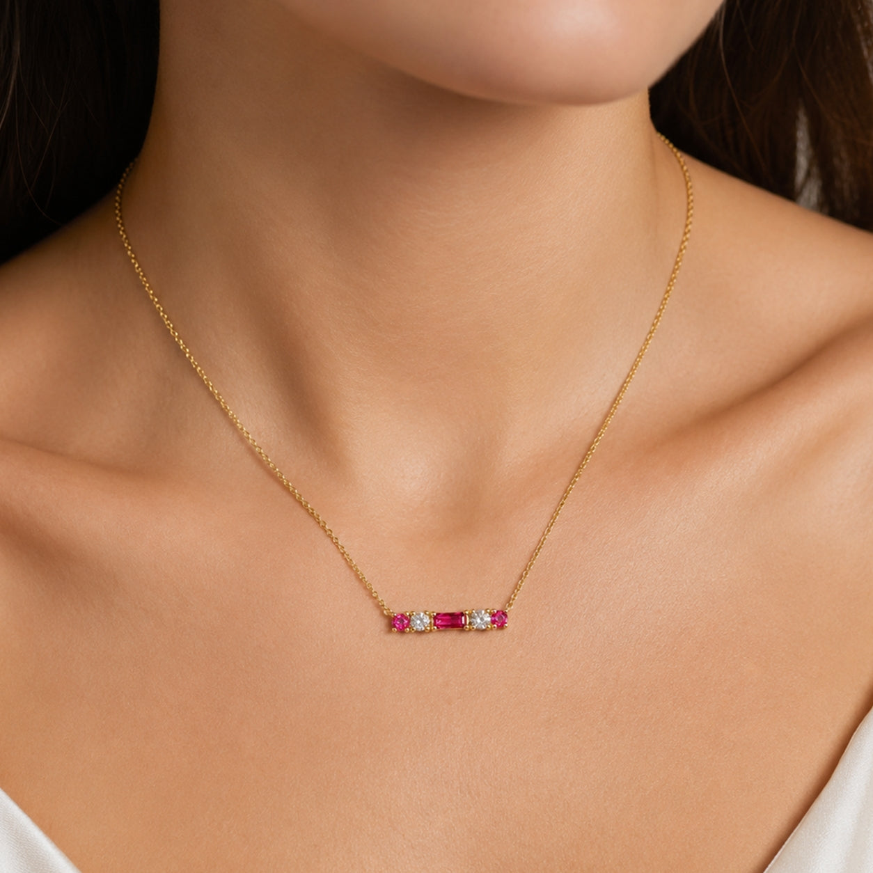 14K Yellow Gold Bar Necklace with Pink Sapphires, Diamonds SO1480