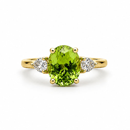 18K Yellow Gold 3-Stone Ring with Oval Peridot 2.00CT, SOL1468