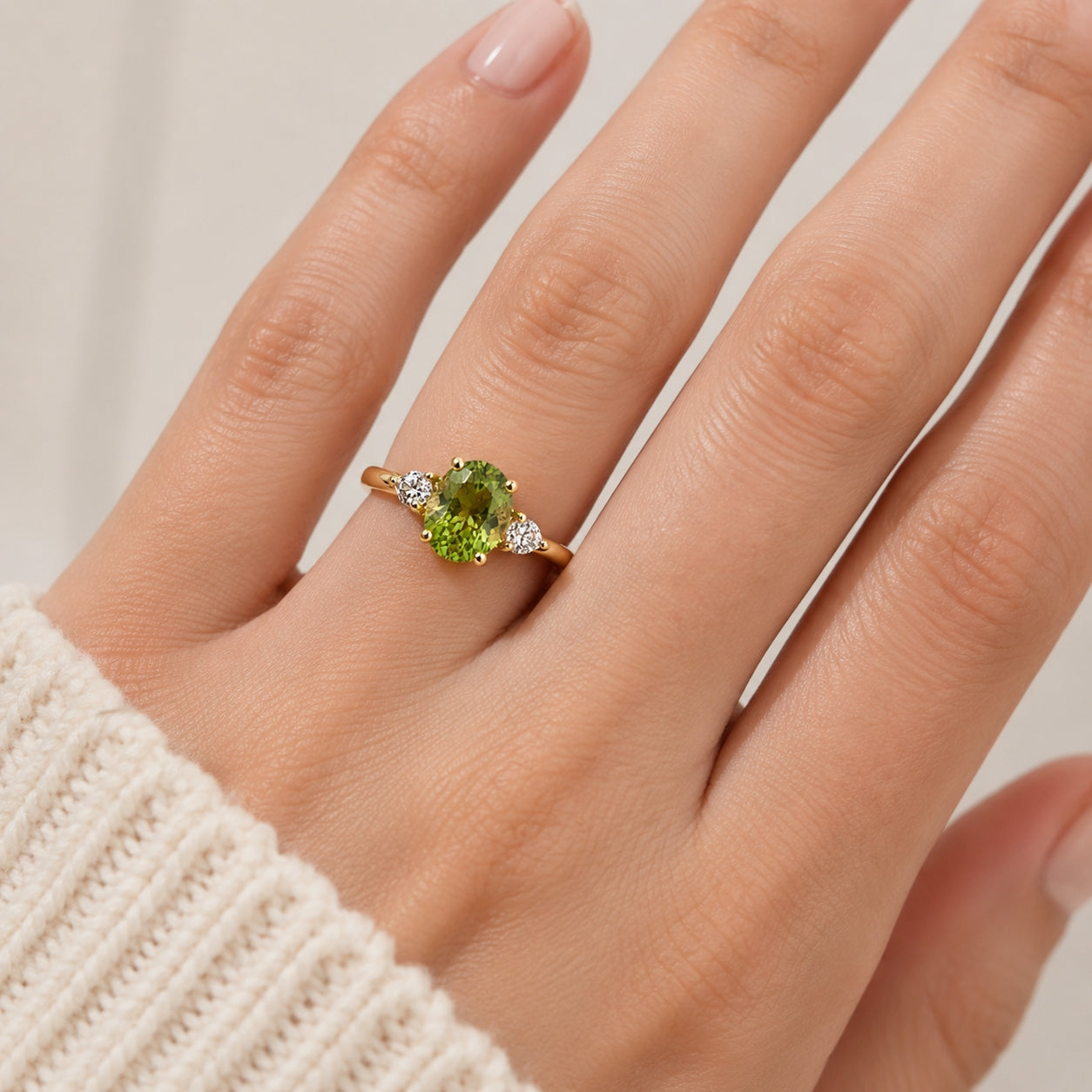 18K Yellow Gold 3-Stone Ring with Oval Peridot 2.00CT, SOL1468