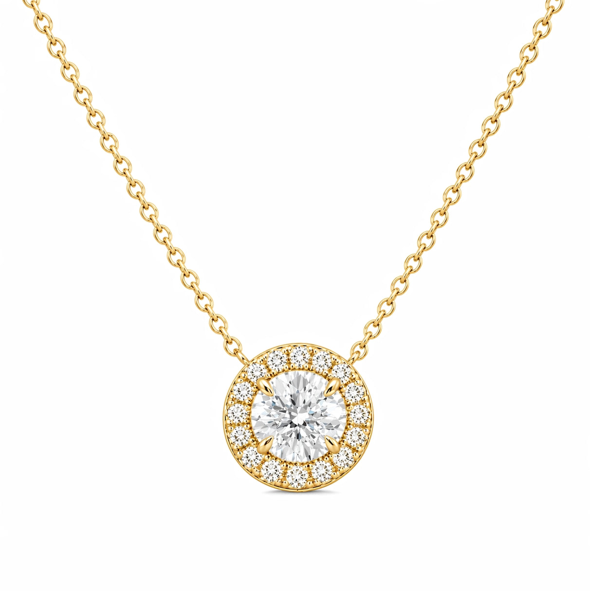 14k Yellow Gold Round Cut Diamond Halo Pendent