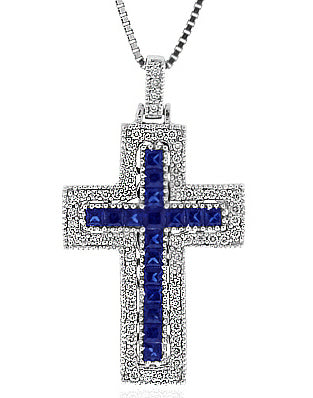 1.70 Carat 14k White Gold Sapphire And Diamond Cross Pendant - CR01092
