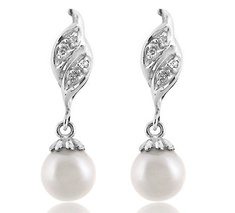 5mm Freshwater Cultured Pearl And Diamond Earrings In 14k White Gold - E01078