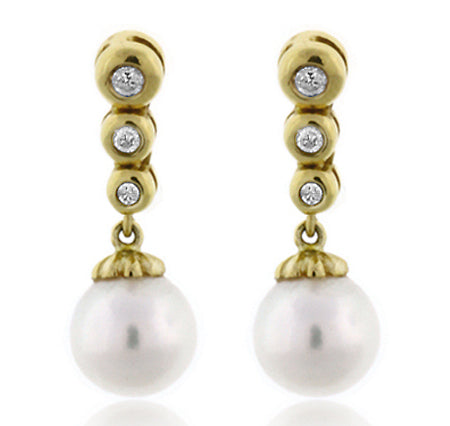 5mm Freshwater Cultured Pearl And Diamond Earrings In 14k Yellow Gold - E01079