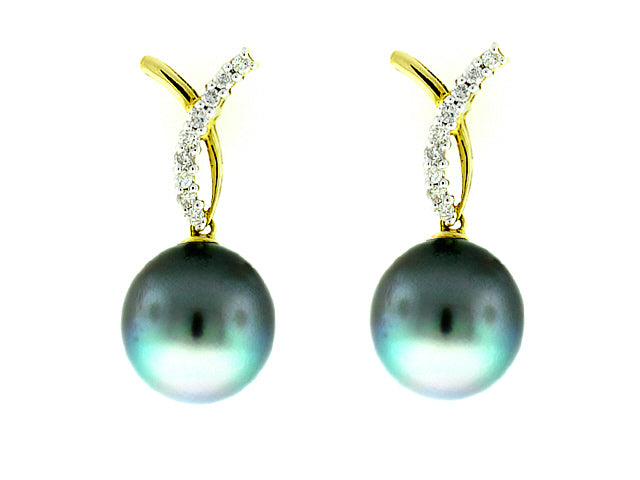 12mm Tahitian Cultured Pearl And Diamond Earrings In 14k Yellow Gold - E01511
