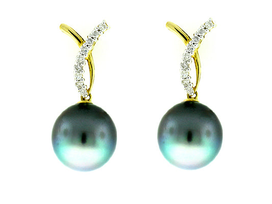 12mm Tahitian Cultured Pearl And Diamond Earrings In 14k Yellow Gold - E01511